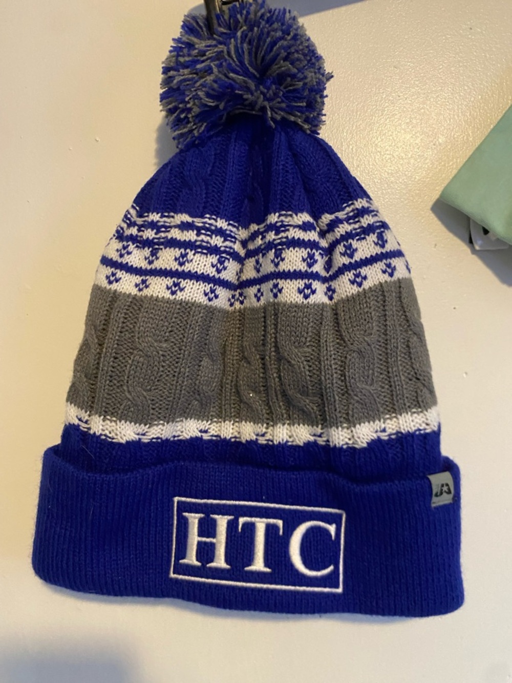HTC Royal Blue and Gray Knit Pom Beanie